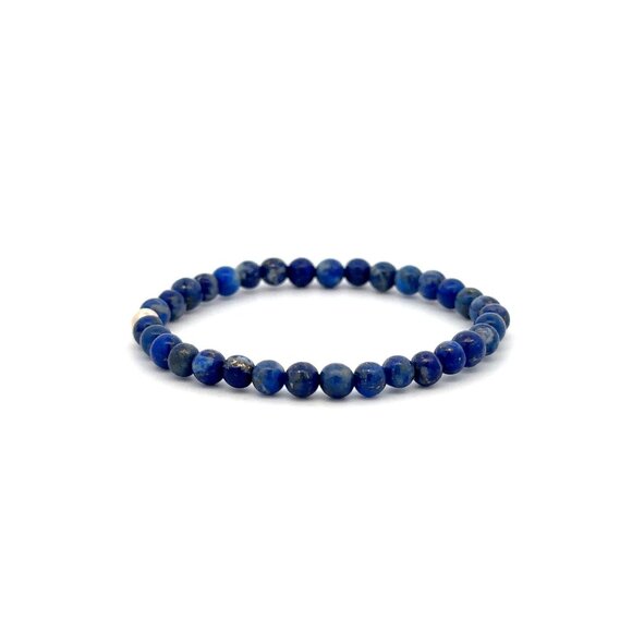 Lapis Lazuli Gemstone Beaded Stretch Bracelet with 14K Gold Accent Bead Handmade - Picture 3 of 6